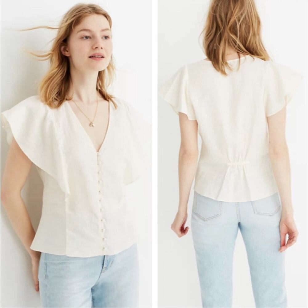 Madewell Carmelina Top Button Up Flutter Short Sleeve Linen Blouse Cream Size 6